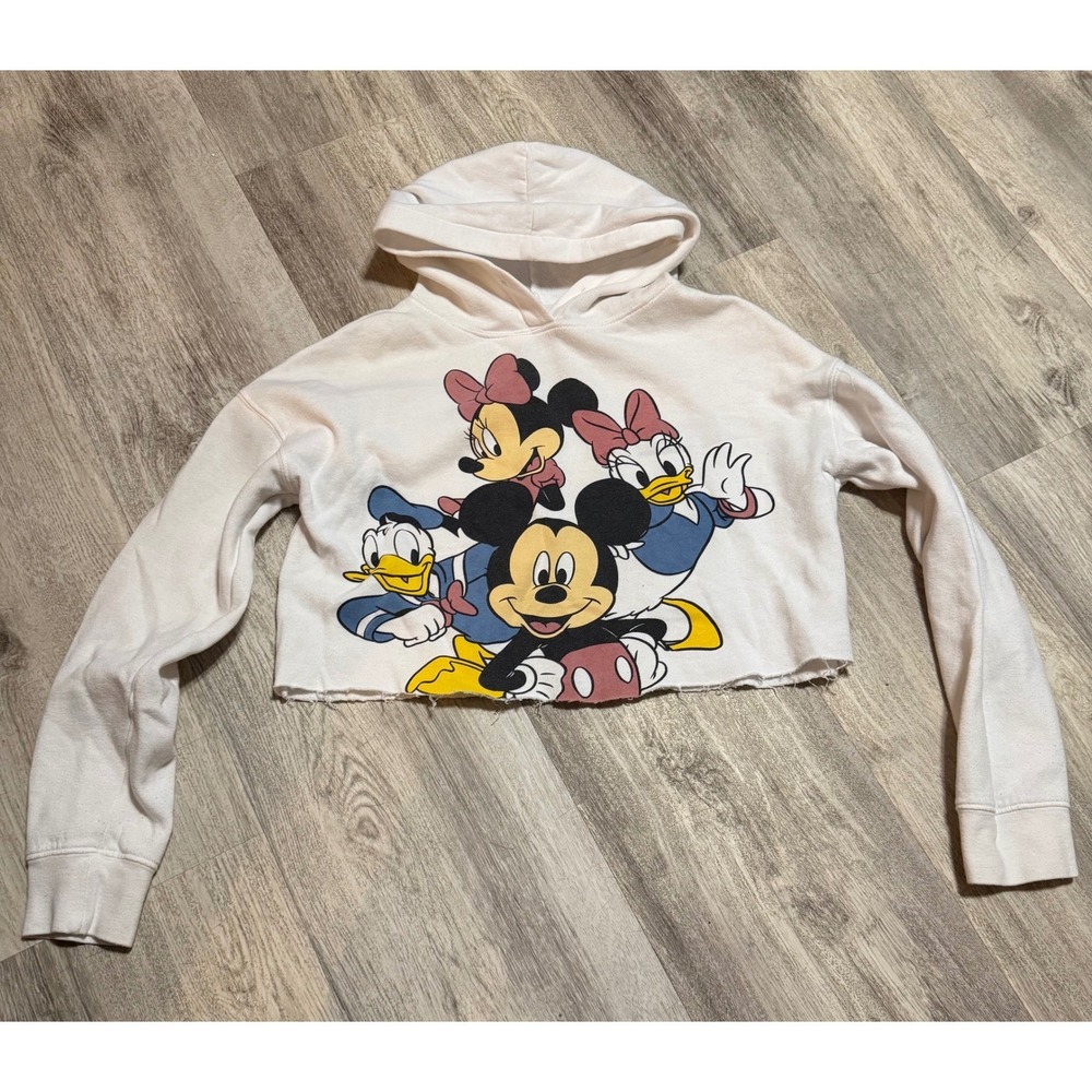 Disney Mickey and Friends Cropped Hoodie‎ Sweatshirt White Graphic Print Size S